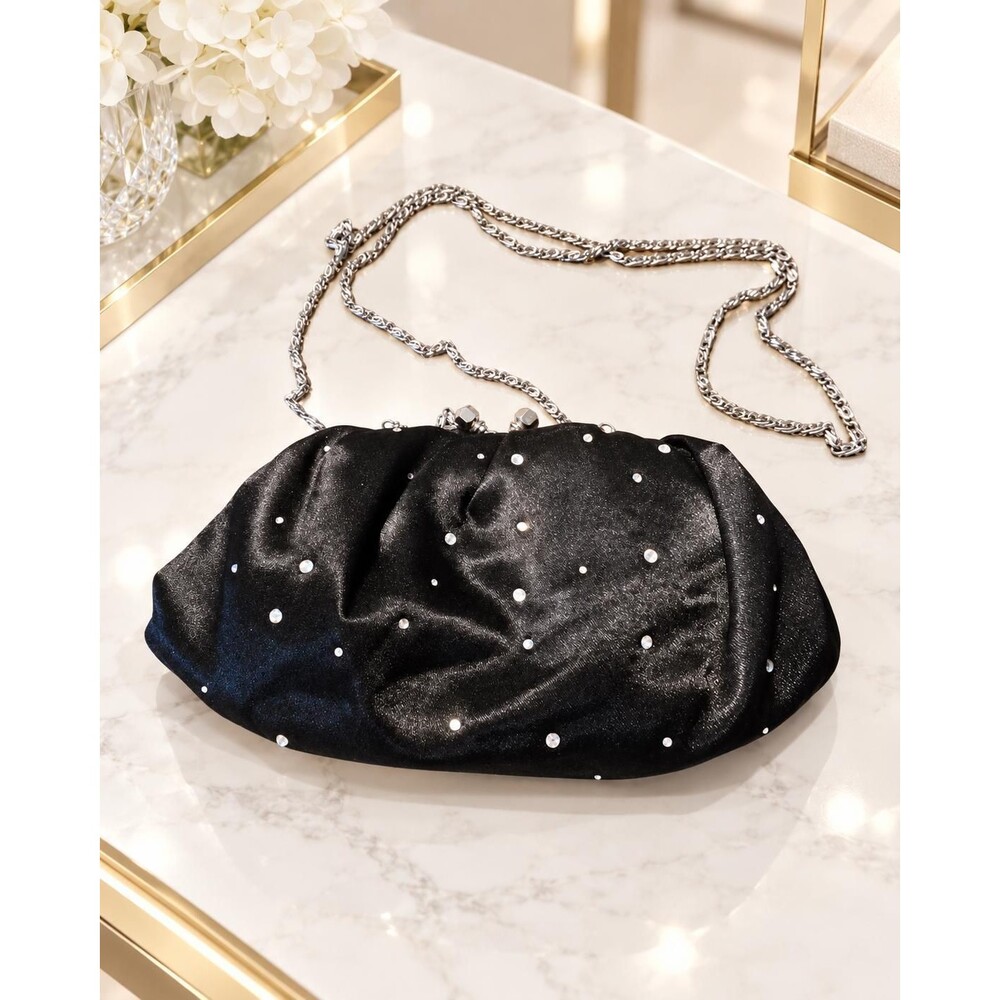 Vintage Black Satin Rhinestone Evening Clutch Purse Silver Chain Formal Bag